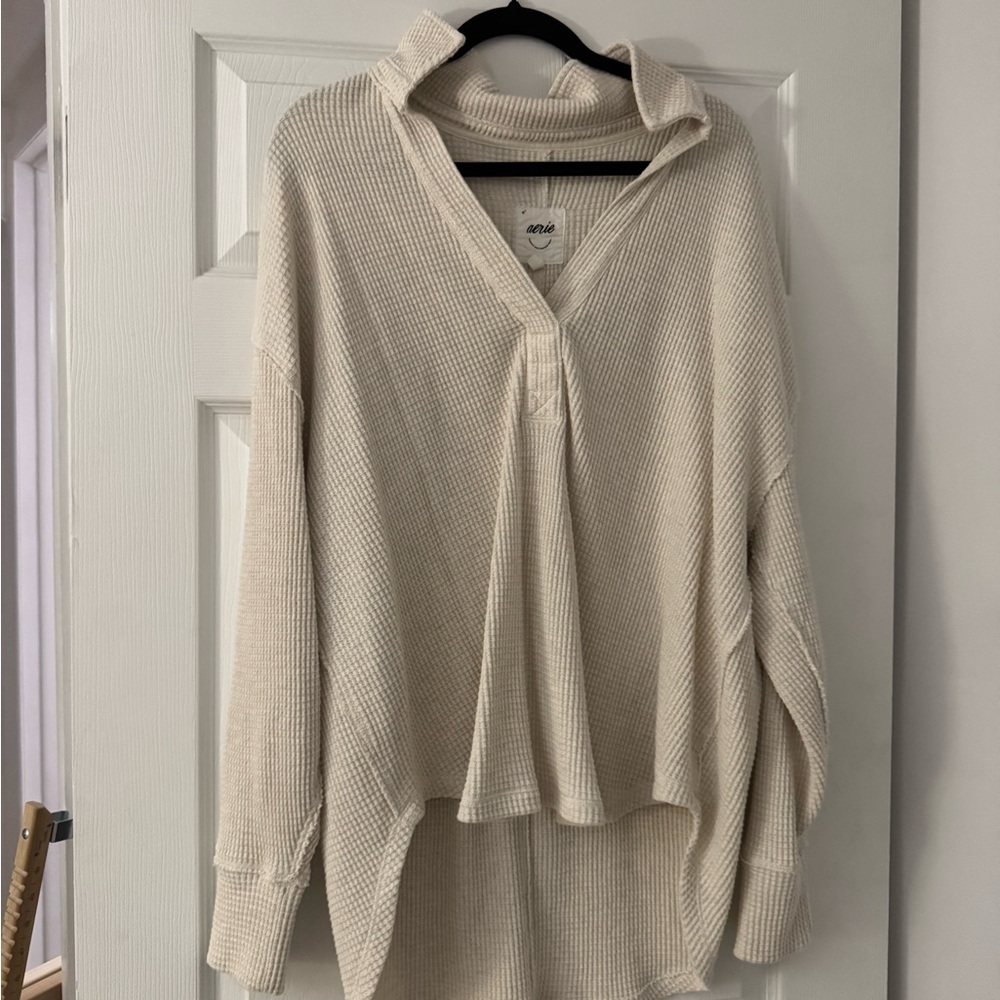 aerie Cream Waffle-Knit Collared Pullover